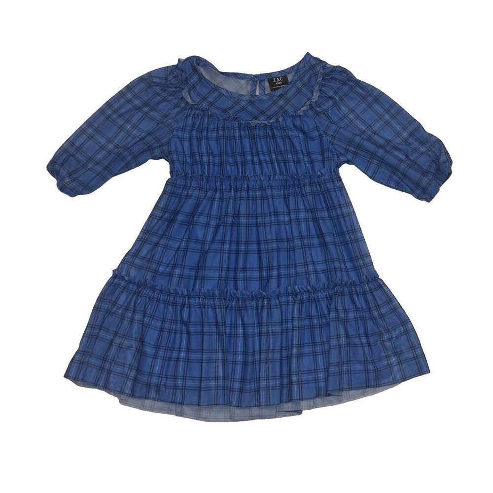 ZAC KIDS Girls XS 4/5 Blue Dress Plaid Tiered Babydoll Cottagecore prairie